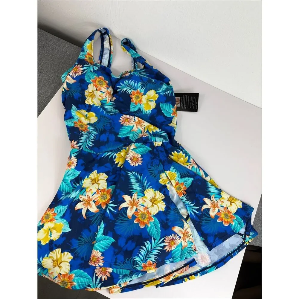 Shore Shapes Blue Floral Swim Dress One Piece Swimsuit Size 8